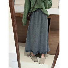 批发灰色高腰气质荷叶半身裙女冬季韩版加绒加厚显瘦简约休闲百搭长裙