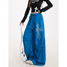 批发高质量十字架印花弯刀伞兵裤女美式复古爵士舞<b class='q'>秋</b>冬加绒阔腿裤