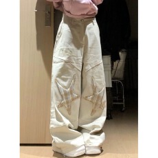 批发美式<b class='q'>休闲</b>多口袋白色牛仔裤男女直筒微喇小众百搭拖地显瘦