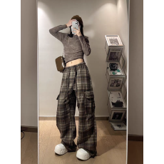 批发美拉德美式复古工装裤女春秋新款毛呢格子休闲运动长裤