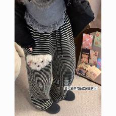 批发欧韩复古条纹休闲裤女2025春秋高腰垂感显瘦直筒裤子宽松阔腿