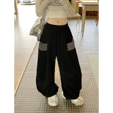 批发S-4XL立体腰美式格子拼接口袋卫裤女秋季潮牌设计感<b class='q'>休闲</b>裤子女