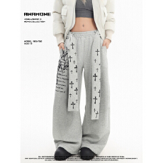 批发高品质美式<b class='q'>街头</b>十字架加绒阔腿裤女冬季加厚宽松休闲灰色裤子