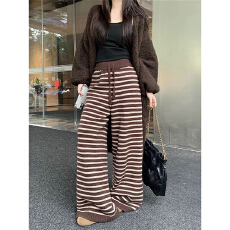 批发原版布料慵懒风咖色<b class='q'>条纹</b><b class='q'>裤</b>子<b class='q'>阔腿裤</b>女拖地<b class='q'>裤</b>直筒长<b class='q'>裤</b>