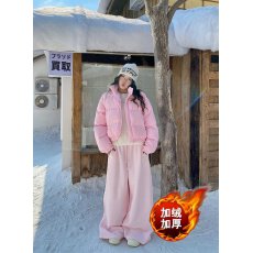 批发加绒粉S-2XL刺绣纯棉复贝贝绒慵懒松弛感阔腿<b class='q'>裤</b><b class='q'>新款</b>