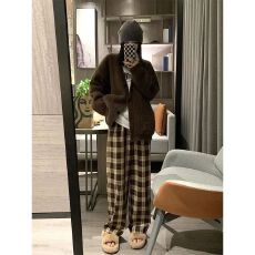 批发欧韩 复古休闲格子裤女秋冬新款加绒宽松<b class='q'>百搭</b>高腰直筒咖色阔腿春