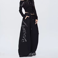 批发华棉复合美式嘻哈风重磅烫钻黑色阔腿裤女街舞个性宽松<b class='q'>休闲裤</b>