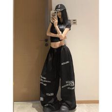 批发欧韩复古美式街舞卫裤女嘻哈爵士垂感阔腿<b class='q'>运动</b>宽松休闲慵懒长裤子