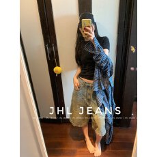 批发高质量高街痞帅脏脏洗做旧<b class='q'>牛仔</b><b class='q'>短裤</b>个性<b class='q'>男</b>女潮牌宽松夏季街头美式