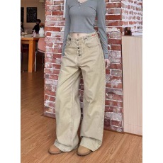 批发欧韩美式街头设计感小众排扣<b class='q'>牛仔裤</b>女显瘦百搭时尚设计休闲裤子女