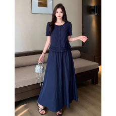 批发欧韩女装2026夏季超火搭配一整套胖mm梨型显瘦藏蓝色木耳边<b class='q'>套装</b>裙