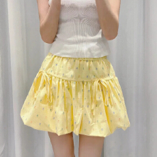 批发欧韩设计感黄色碎花半身裙女韩系蓬蓬裙设计感松休闲半身裙