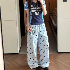 批发夏季复古美式慵懒多巴胺波点满印直筒休闲<b class='q'>运动</b>裤女