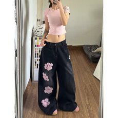 批发欧韩时尚潮流女装甜美可爱猫爪毛巾刺绣<b class='q'>牛仔裤</b>女高腰宽松阔腿裤女