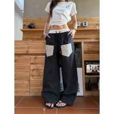 批发美式复古贴布口袋格子裤女直筒宽松运动慵懒情侣休闲长<b class='q'>裤子</b>女