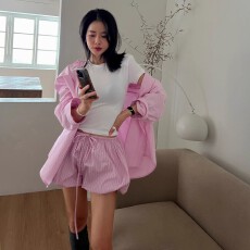 批发有内里有口袋欧韩条纹<b class='q'>高腰</b>休闲裤女夏2026新款松紧腰灯笼裤子女