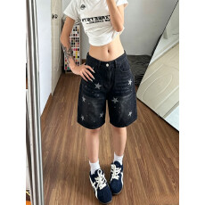 批发美式复古水洗做旧星星牛仔五分短裤女<b class='q'>街头</b>直筒宽松显瘦阔腿裤女新