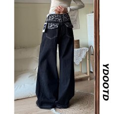 批发【原牛豹纹腰头拼接】美式新款直筒牛仔裤男女宽松潮流<b class='q'>百搭</b>阔腿裤
