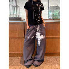 批发美式复古渐变十字架运动裤女水洗做旧宽松百搭抽绳卫<b class='q'>裤子</b>