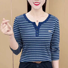 批发<b class='q'>秋</b>冬新款韩版时尚长袖经典条纹保暖衫中老年气质减龄妈妈装上衣女