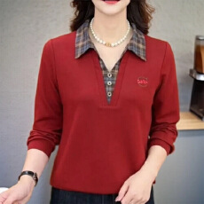 批发韩版时尚polo领德绒长袖上衣格子拼接打底衫减龄洋气妈妈保暖衫女