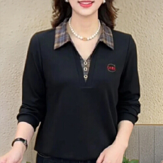 批发韩版时尚polo领德绒长袖上衣格子拼接打底衫减龄洋气妈妈保暖衫女