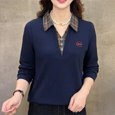 批发韩版时尚polo领德绒长袖上衣格子拼接打底衫减龄洋气妈妈保暖衫女