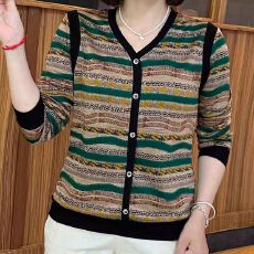 批发韩版大码中老年时尚V领纽扣长袖上衣条纹拼接打底减龄洋气保暖衫