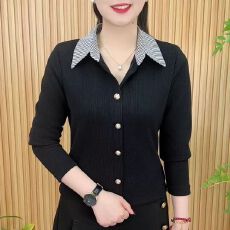 批发<b class='q'>秋</b>冬新款时尚中老年polo领长袖条纹拼接半开领保暖衫减龄妈妈装女
