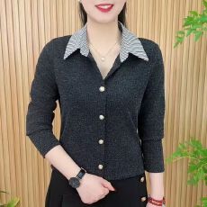 批发<b class='q'>秋</b>冬新款时尚中老年polo领半开领长袖条纹拼接保暖衫减龄妈妈装女