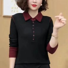 批发<b class='q'>秋</b>冬新款时尚polo领纽扣长袖保暖衫减龄气质中老年遮肚立领上衣女