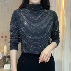 批发<b class='q'>秋</b>冬新款重工烫钻显瘦洋气时尚中老年半高领打底衫长袖女遮肚上衣