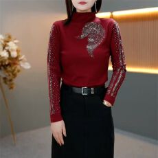 批发<b class='q'>秋</b>冬新款重工烫钻显瘦洋气时尚半高领打底衫长袖女士遮肚修身上衣