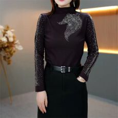 批发<b class='q'>秋</b>冬新款重工烫钻显瘦洋气时尚半高领打底衫长袖女士遮肚修身上衣