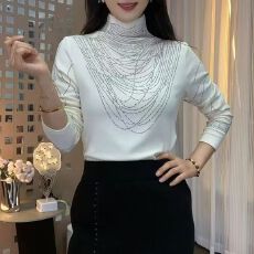 批发<b class='q'>秋</b>冬新款重工烫钻显瘦洋气时尚半高领打底衫长袖女士遮肚修身上衣
