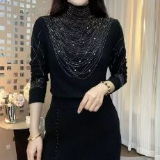 批发<b class='q'>秋</b>冬新款重工烫钻显瘦洋气时尚半高领打底衫长袖妈妈遮肚修身上衣