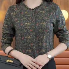 批发秋冬新款时尚碎花印花圆领遮肚宽松长袖大码中老年妈妈装打底上衣