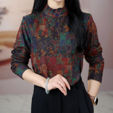 批发秋冬新款时尚碎花印花圆领遮肚宽松长袖大码中老年妈妈装打底上衣