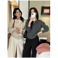 批发灰色<b class='q'>翻领</b>毛衣女内搭针织衫2025秋冬新款慵懒风POLO打底衫韩系上衣