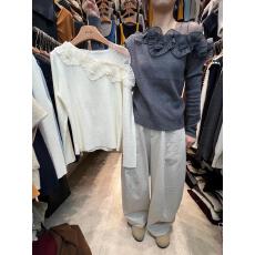 批发十三行2025秋装新款别致<b class='q'>荷叶边</b>宽松针织衫女法式网纱拼接长袖<b class='q'>毛衣</b>