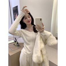 批发THE LIMON柠檬绿<b class='q'>欧根纱</b>拼接针织衫女士秋冬修身打底衫设计感<b class='q'>上衣</b>