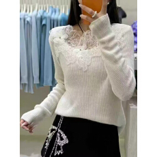 批发v领立体花朵蕾丝拼接羊毛针织打底衫<b class='q'>女长袖</b>修身百搭温柔减龄毛衣