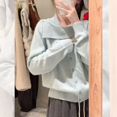 批发设计感小众灰色翻领针织衫女秋冬款宽松内搭毛衣开衫<b class='q'>长袖</b>打底上衣