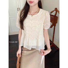 批发漫莎 十三行设计感褶皱荷叶边小衫女夏季层层波浪纹显瘦短袖上衣