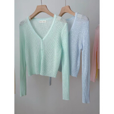 批发韩国东大门女装高级感V领长袖冰丝针织开衫夏季薄款外搭防晒上衣