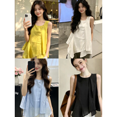 批发高级感荷叶边黑色无袖背心女2026夏季新款大码胖mm遮肚<b class='q'>不规则</b>上衣