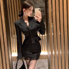 批发辣妹性感<b class='q'>西装</b>套装女秋季高级感<b class='q'>蕾丝</b>拼接黑色外套包臀半身裙两件套