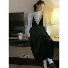 批发法式蕾丝拼接<b class='q'>丝绒</b>吊带连衣裙女装秋季新款设计感小众收腰长裙裙子