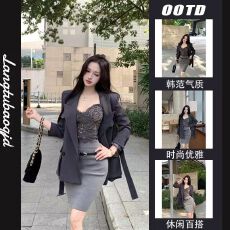 批发高级感韩版灰色长袖西装外套女<b class='q'>秋</b>季双排扣西服宽松中长款气质上衣