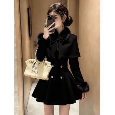 批发富家千金小香风黑色披肩斗篷呢子外套女法式气质收腰大摆连衣裙女